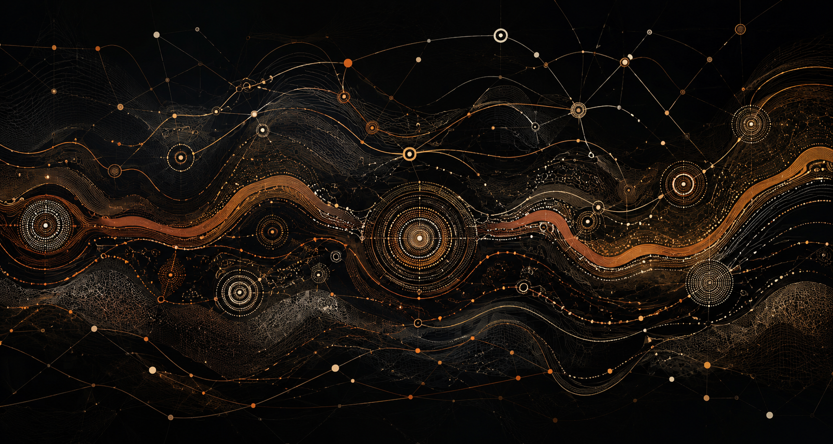 Owner-provided Indigenous digital brand artwork with copper flowing lines and circular patterns on black